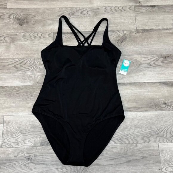 Oasis Black One Piece Swimsuit Sz XL Strappy Cross Back Bathing Suit Beach Pool - Picture 13 of 14